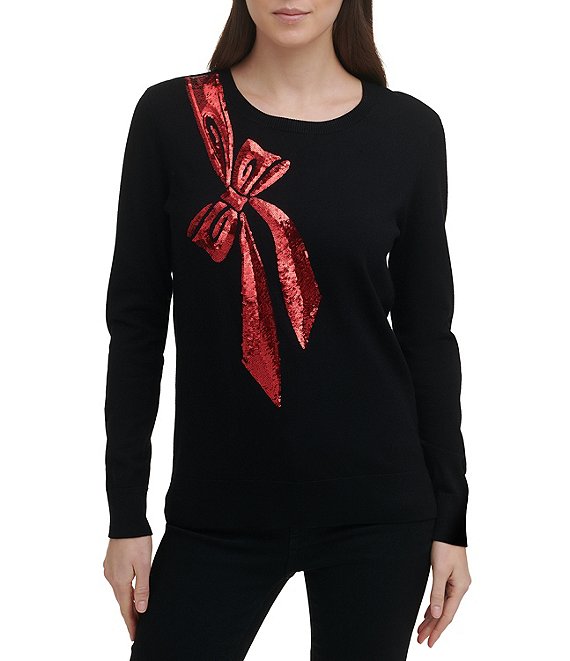 DKNY Sequin Bow Motif Crew Neck Long Sleeve Festive Sweater