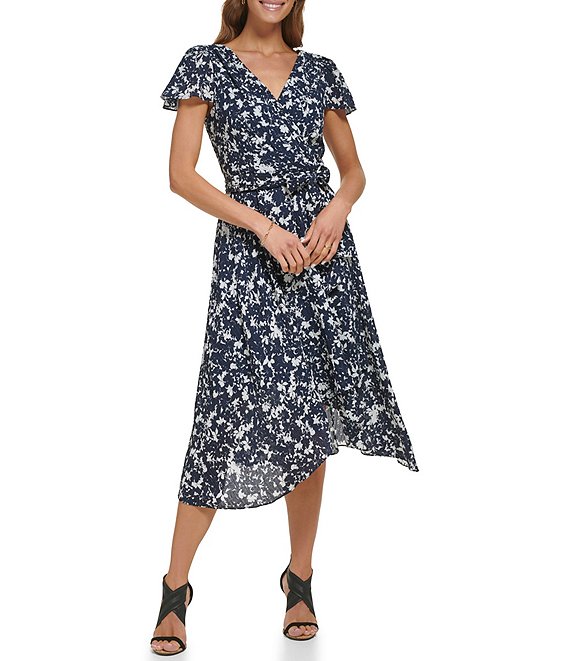 DKNY Short Flutter Sleeve V-Neck Faux Wrap High-Low Hem Dress | Dillard's