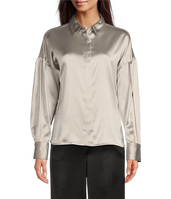 Color:Steel Grey - Image 1 - Silky Satin Collared Long Sleeve Button Up Shirt