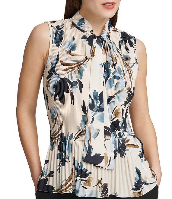Color:Pearl - Image 1 - Sleeveless Floral Print Pleated Georgette Mandarin Collar Tie Neck Top