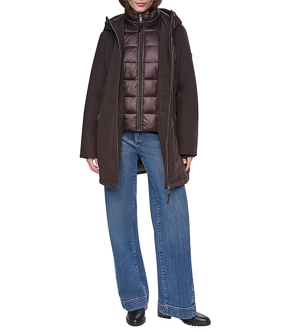 DKNY Softshell Hooded Funnel Collar Quilt Bib Zip Front Parka