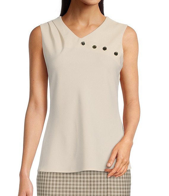 Color:Buttercream - Image 1 - Solid Knit Asymmetric Neck Sleeveless Button Embellished Top