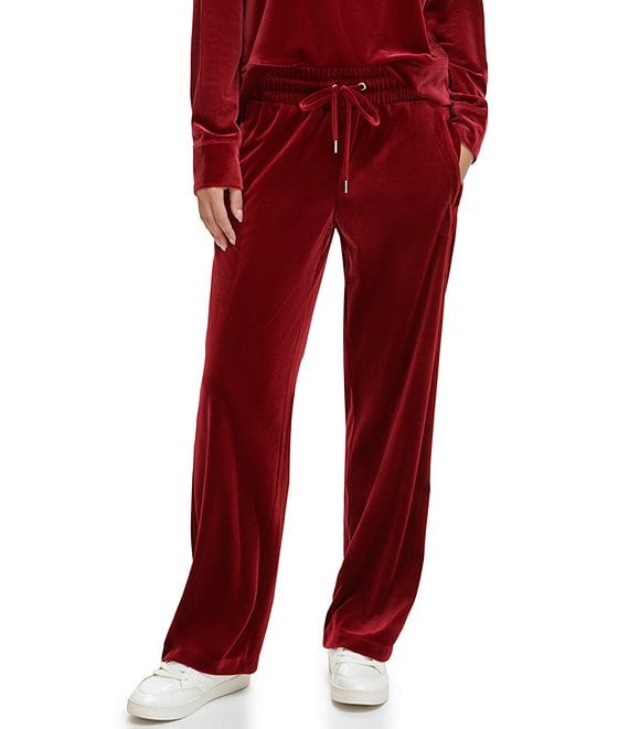 Color:Beet - Image 1 - Sport Ribbed Platinum Velour Embroidered Logo Wide Leg Coordinating Pants