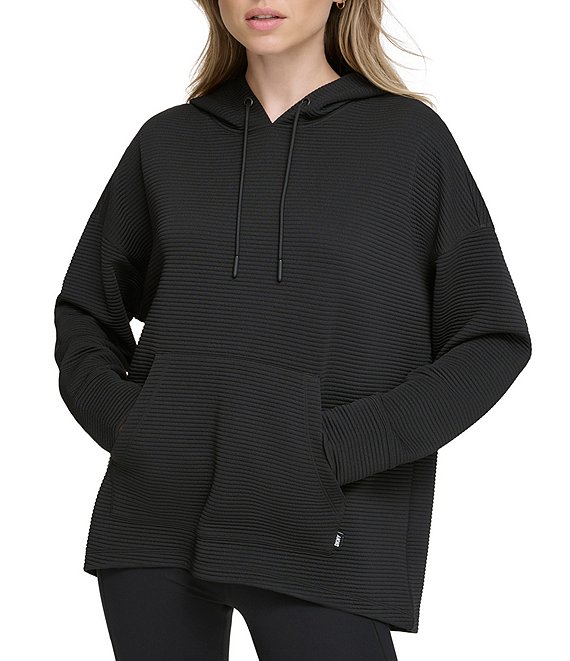 Color:Black - Image 1 - Sport Textured Tech Ottoman Longline Long Sleeve Hoodie