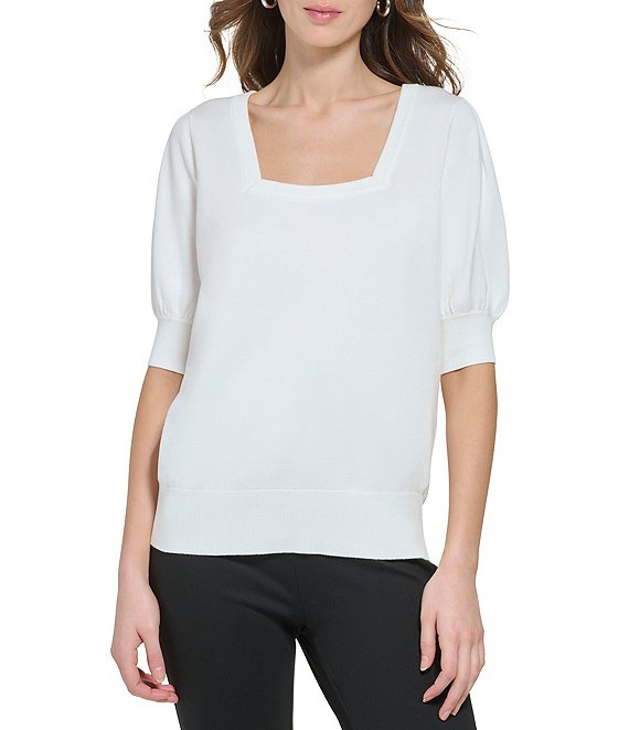 DKNY Square Neck Short Puffed Sleeve Blouse