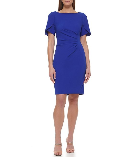 DKNY Stretch Boat Neck Short Tulip Sleeve Sheath Dress with Ruched ...