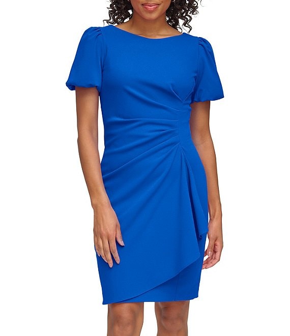 Dkny Stretch Crepe Boat Neckline Short Puff Sleeve Ruched Front Sheath ...