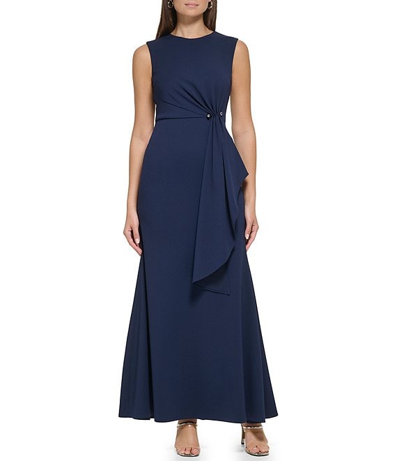 Color:Navy - Image 1 - Stretch Crew Neck Sleeveless Front Drape Gown
