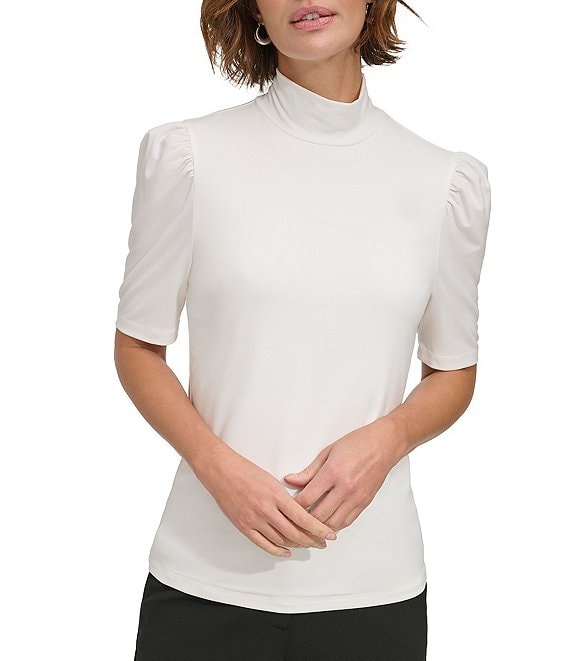 DKNY Stretch Jersey Knit Mock Neck Short Puff Sleeve Shirt