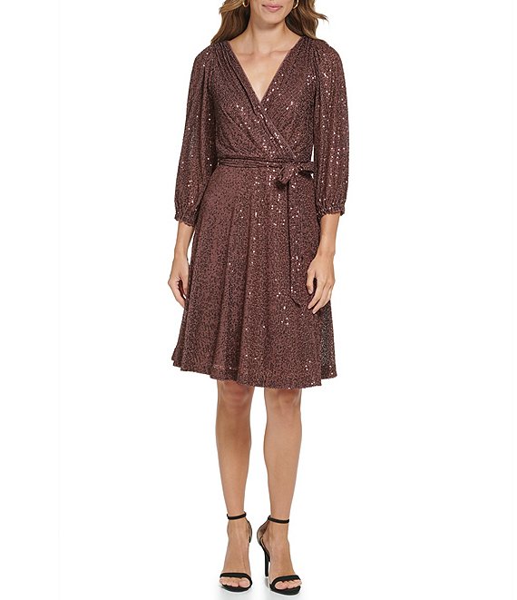 Color:Chocolate - Image 1 - Stretch Sequin Faux Wrap Tie Detail V-Neck Long Sleeve Dress