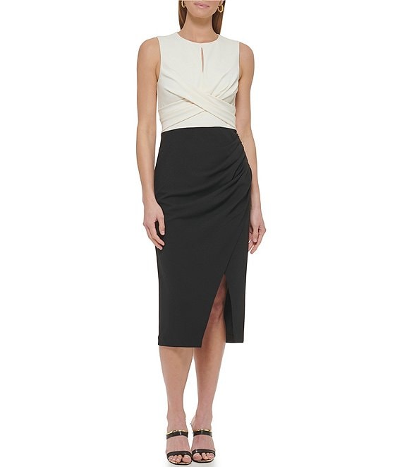 DKNY Stretch Sleeveless Twisted Front Slit Crepe Midi Sheath Dress ...