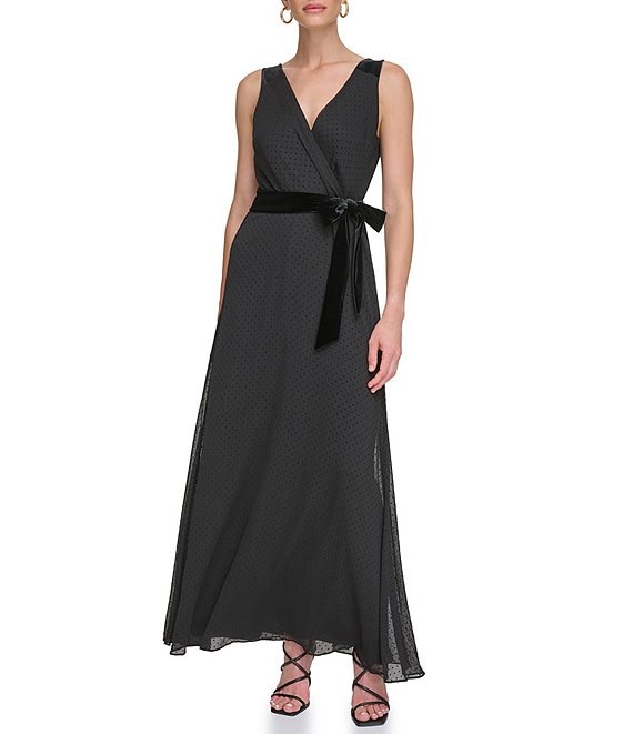 DKNY Surplice V-Neck Sleeveless Velvet Trim Dress