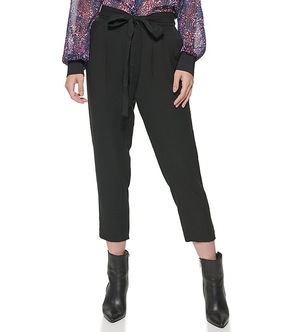 Color:Black - Image 1 - Tie Waist High Rise Straight Leg Paperbag Crop Pants