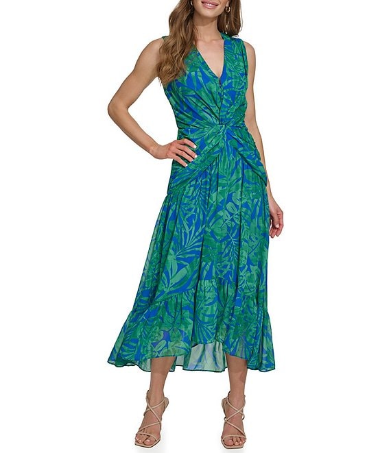 DKNY by Donna Karan Tropical Printed Chiffon V Neck Sleeveless High Low Ruffle Hem Midi Dress Dillard s