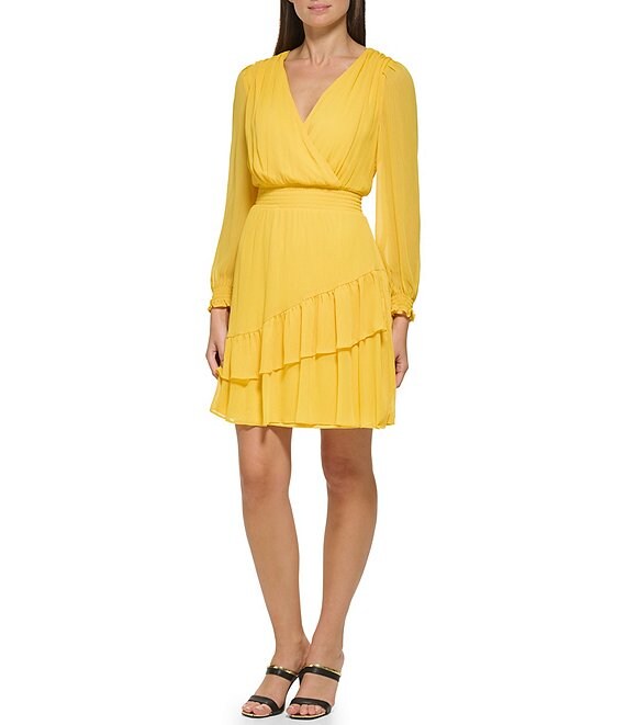 Color:Golden - Image 1 - V-Neck Long Sleeve Smocked Waist Tiered Fit and Flare Dress