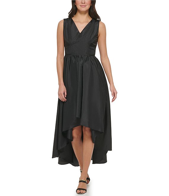 Color:Black - Image 1 - V-Neck Taffeta Fit and Flare Midi Dress