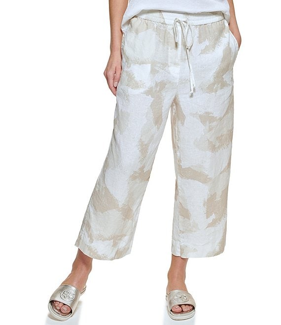 DKNY Wide Leg Printed Linen Drawstring Waist Cropped Pants | Dillard's