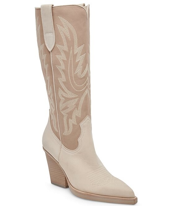 Dolce Vita Blanch Embroidered Nubuck Suede Western Cowboy Boots