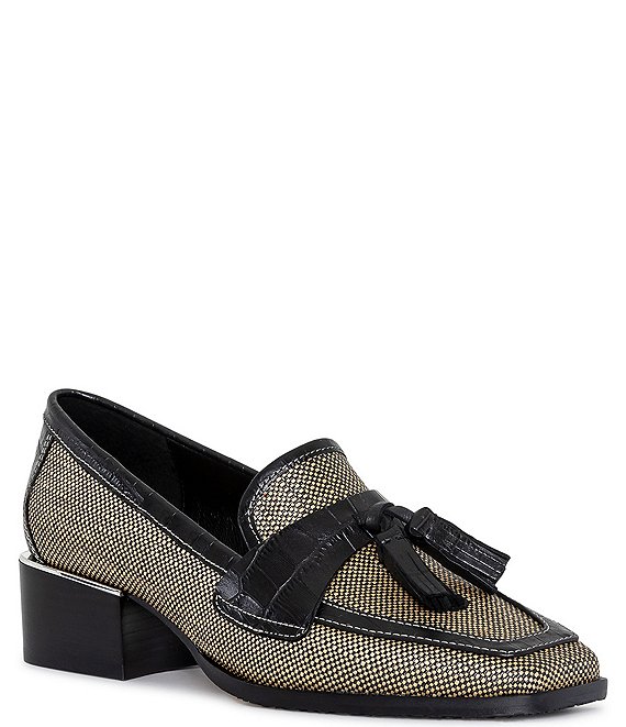Raffia-trimmed leather loafers