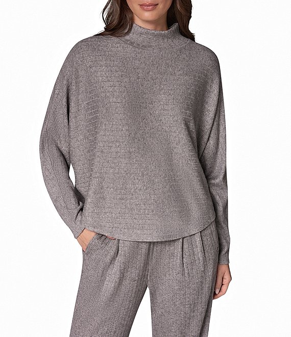 Donna Karan Brushed Ribbed Knit Mock Neck Long Sleeve Oversized Coordinating Top