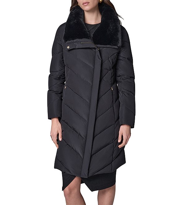 Donna Karan Chevron Pattern High Neck Down Filled Asymmetrical Zip Front Puffer