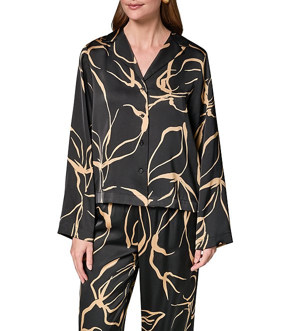 Donna Karan Coordinating Printed Satin Collared Long Sleeve Button Front Top