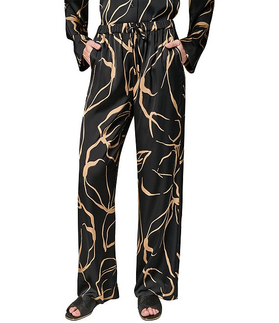 Donna Karan Coordinating Printed Satin Drawstring Wide Leg Pants