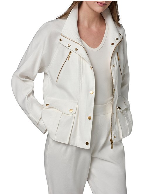 Donna Karan Coordinating Suiting Linen Blend Collared Long Sleeve Snap Front Zip Up Jacket