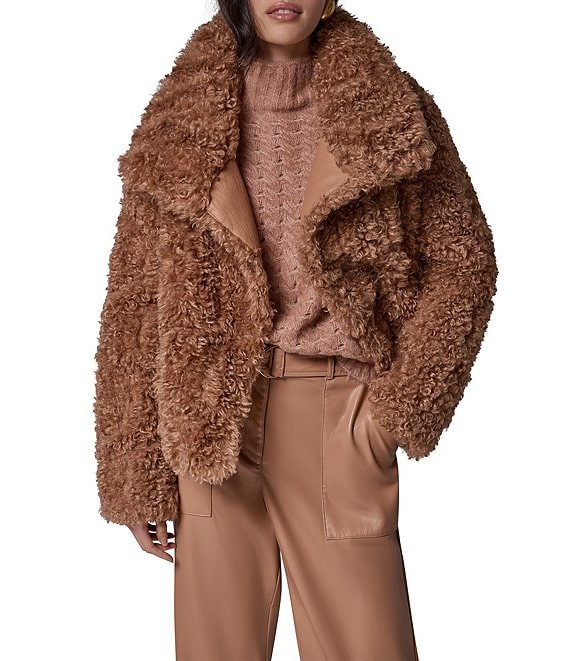 Donna Karan Faux Fur Mock Neck Long Sleeve Front Button Jacket