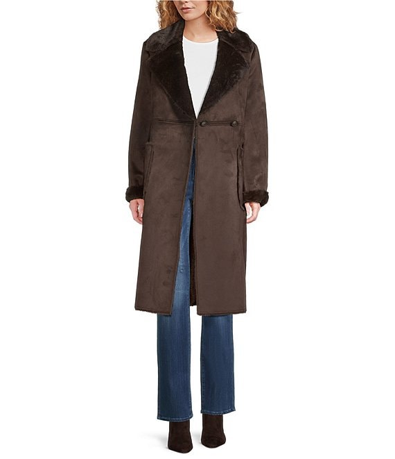 DKNY by Donna Karan Faux Shearling Notch Collar Belted Button Front Wrap Coat
