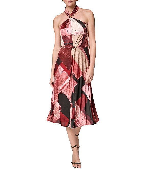 Donna Karan Geometric Jersey Halter Sleeveless A-Line Dress