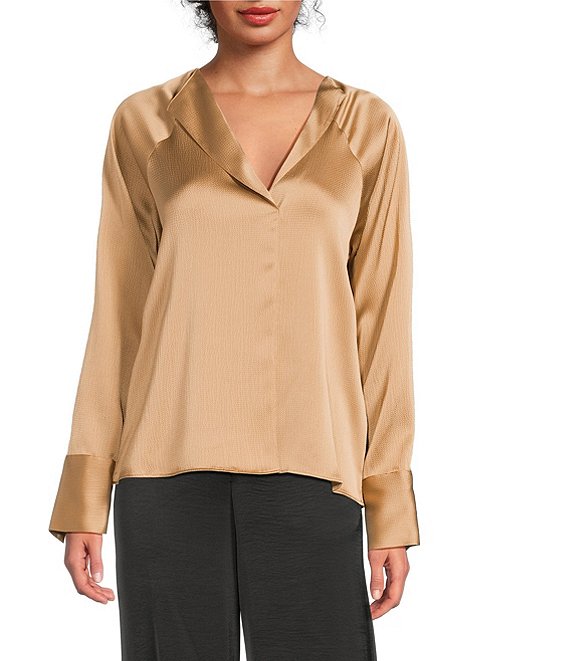 Donna Karan Hammered Satin Draped V-Neck Long Sleeve Blouse