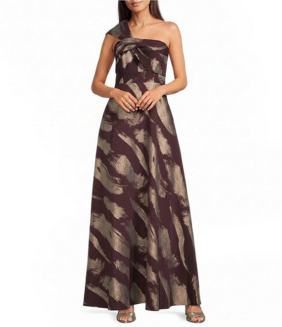 Donna Karan Jacquard Off-The-Shoulder Abstract Print Long Gown