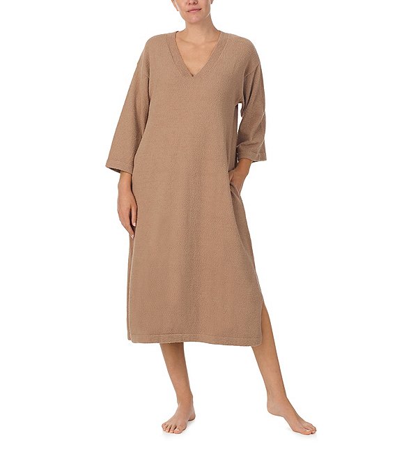 Donna Karan Knit 3 4 Sleeve V Neck Midi Lounge Dress Dillard s