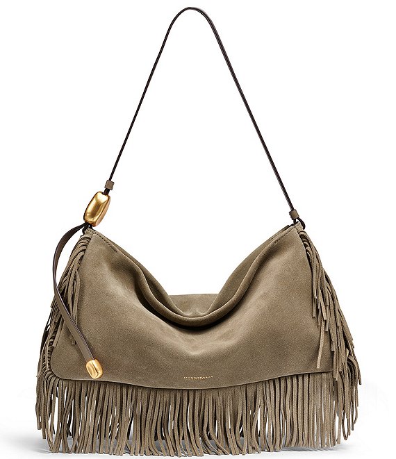 Donna Karan Large Velvet Fringe Suede Shoulder Bag
