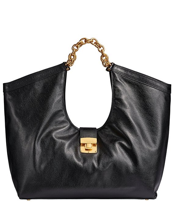 Donna Karan Leno Leather Chain Handle Buckle Tote Bag