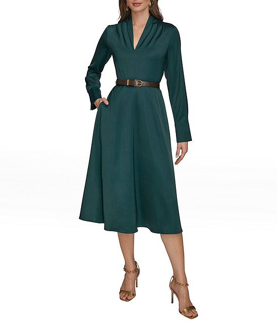 Donna Karan Long Sleeve Belted Satin A-Line Midi Dress, Hudson - Image 1