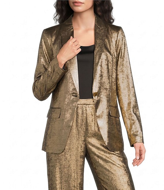 Donna Karan Metallic Peak Lapel Long Sleeve Front Single Button Coordinating Blazer