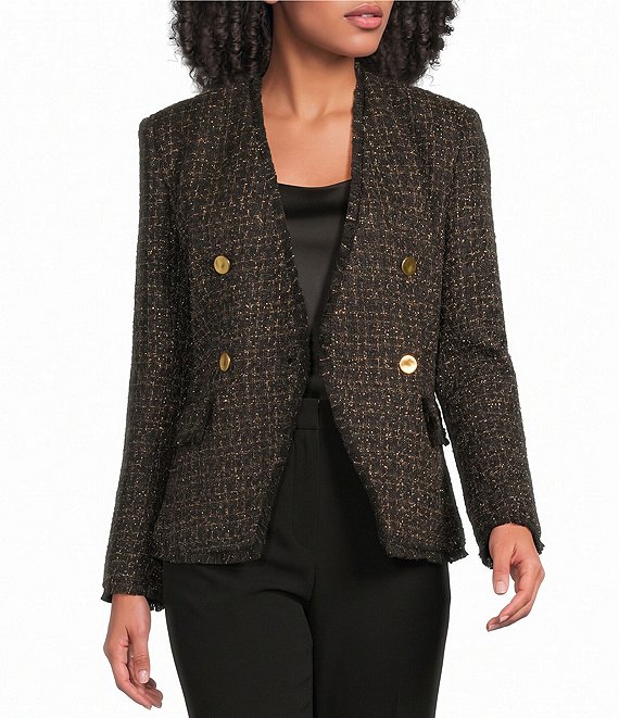 Donna Karan Metallic Tweed Double-Breasted Collarless Jacket