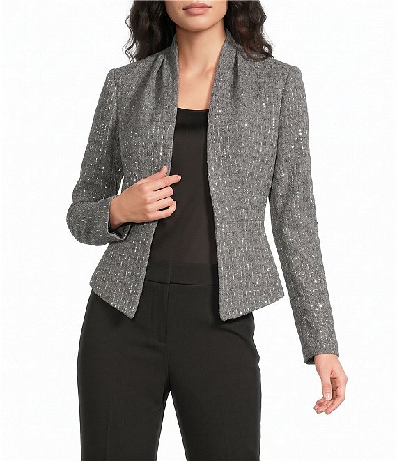 Donna Karan Metallic Tweed V-Neck Long Sleeve Peplum Jacket