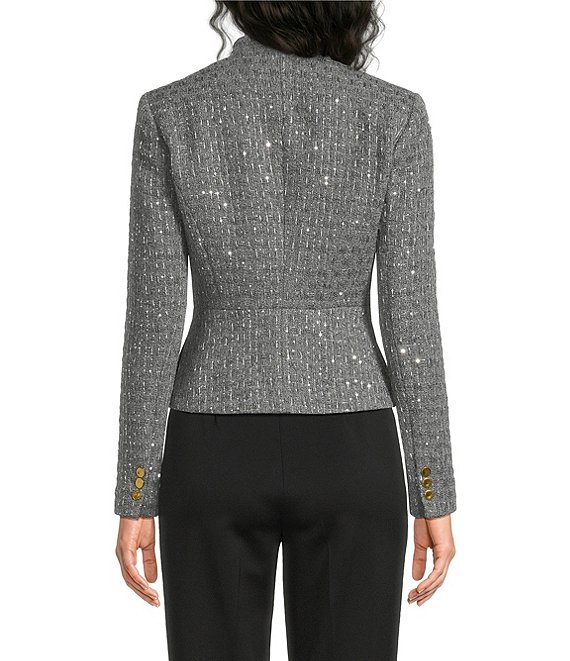 Donna Karan Metallic Tweed V-Neck Long Sleeve Peplum Jacket