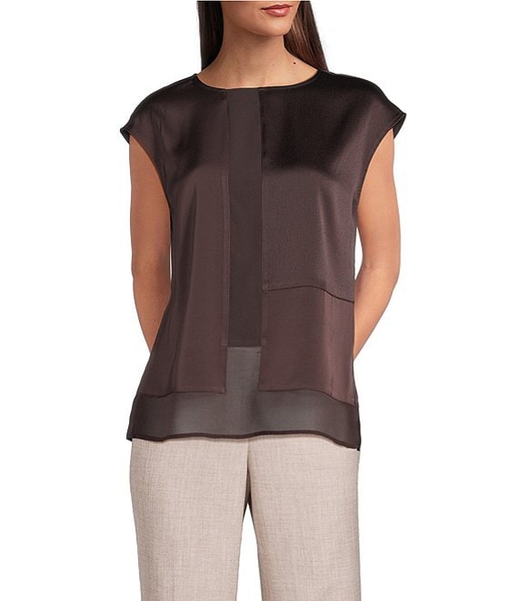 Donna Karan Mixed Media Crew Neck Cap Sleeve Top, Chocolate Plum - Image 1