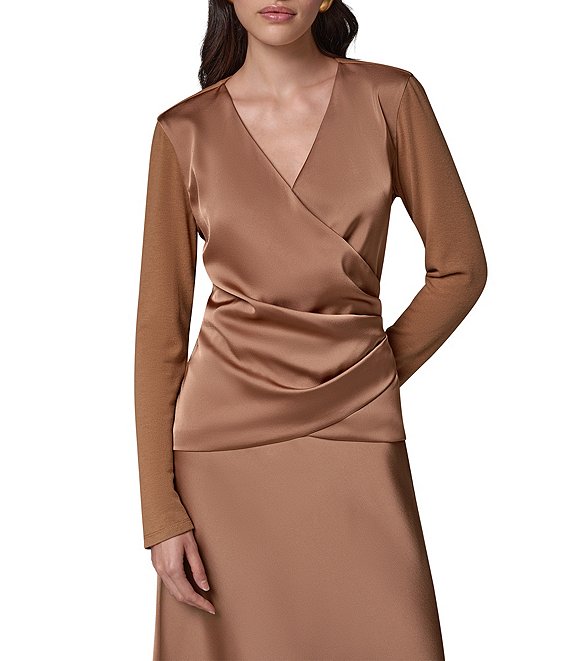 Donna Karan Mixed Media Draped Surplice V-Neck Side Shirred Satin Front Top