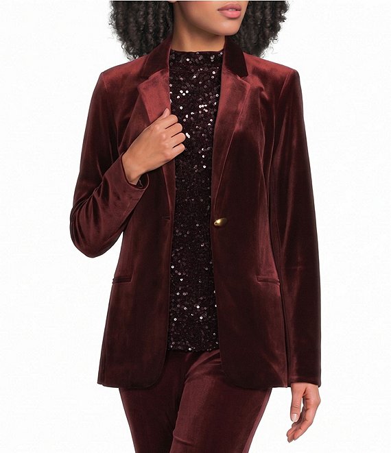 Donna Karan One Button Notch Collar Long Sleeve Velvet Jacket