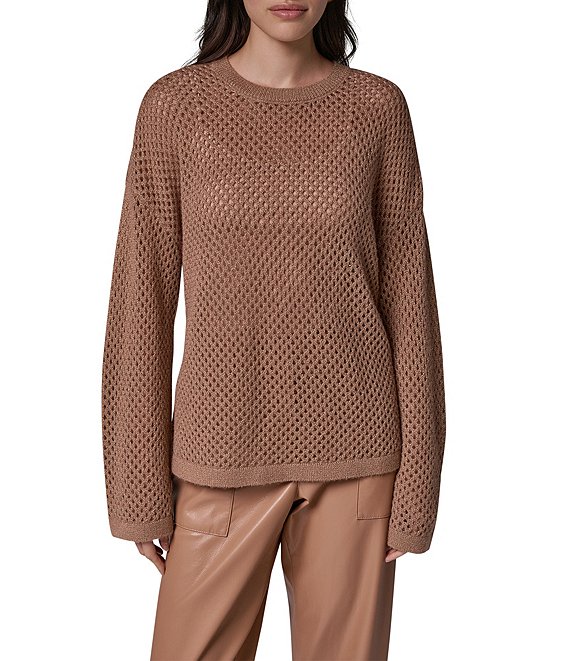 Donna Karan Open Weave Crew Long Sleeve Oversized Pullover Sweater Top