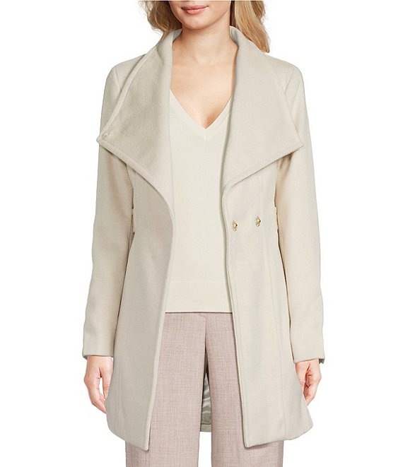 Donna Karan Petite Size Wool Blend Asymmetrical Wing Collar Belted Wrap Coat, Nude - Image 1