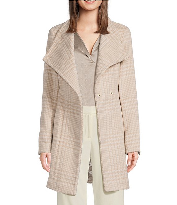 Donna Karan Petite Size Wool Blend Plaid Print Asymmetrical Wing Collar Belted Wrap Coat, Beige/Ivory - Image 1
