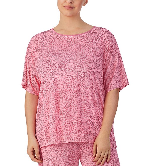 Color:Pink Multi - Image 1 - Plus Size Knit Floral Print Short Sleeve Coordinating Lounge Top