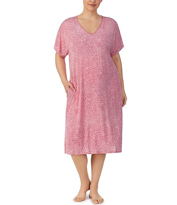 Donna Karan Plus Size Knit Floral Print Short Sleeve V-Neck Lounge Dress
