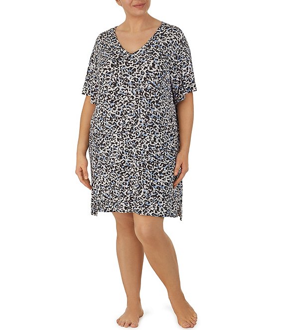 Donna Karan Plus Size Micro Jersey Multi Animal Print Short Sleeve V-Neck Lounge Shirt Dress